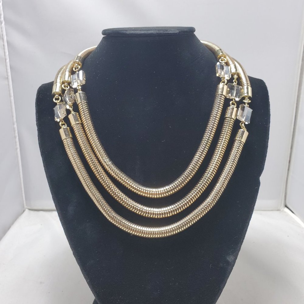 Cache 3 row gold snake necklace with glass stones - Picture 2 of 6